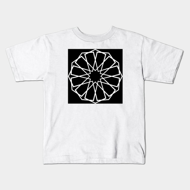 White Islamic Geometric Pattern Stars on Black Background Kids T-Shirt by Tilila